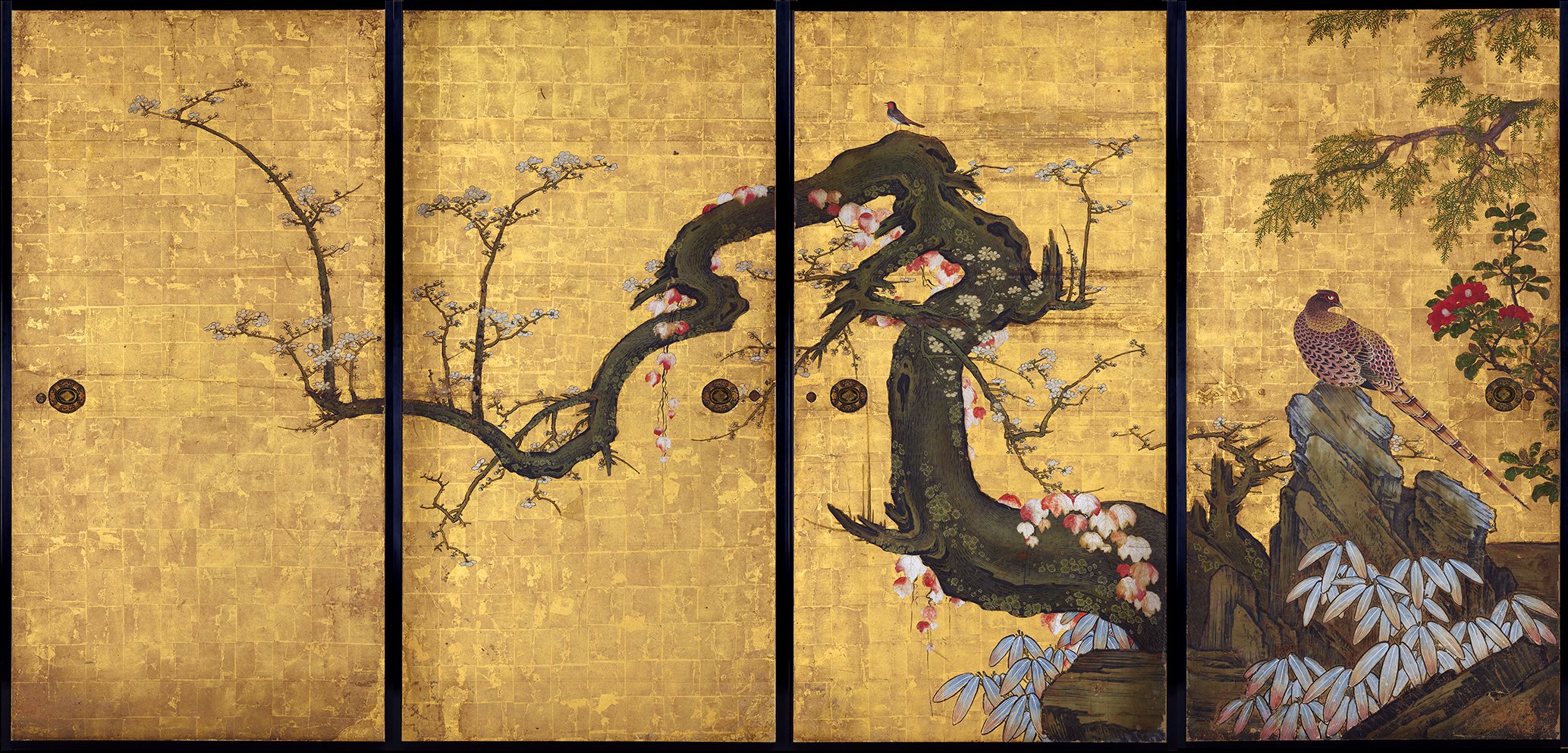 Karya seni lukis kayu ukiyo-e tradisional Jepang yang menggambarkan kecantikan kelopak bunga sakura