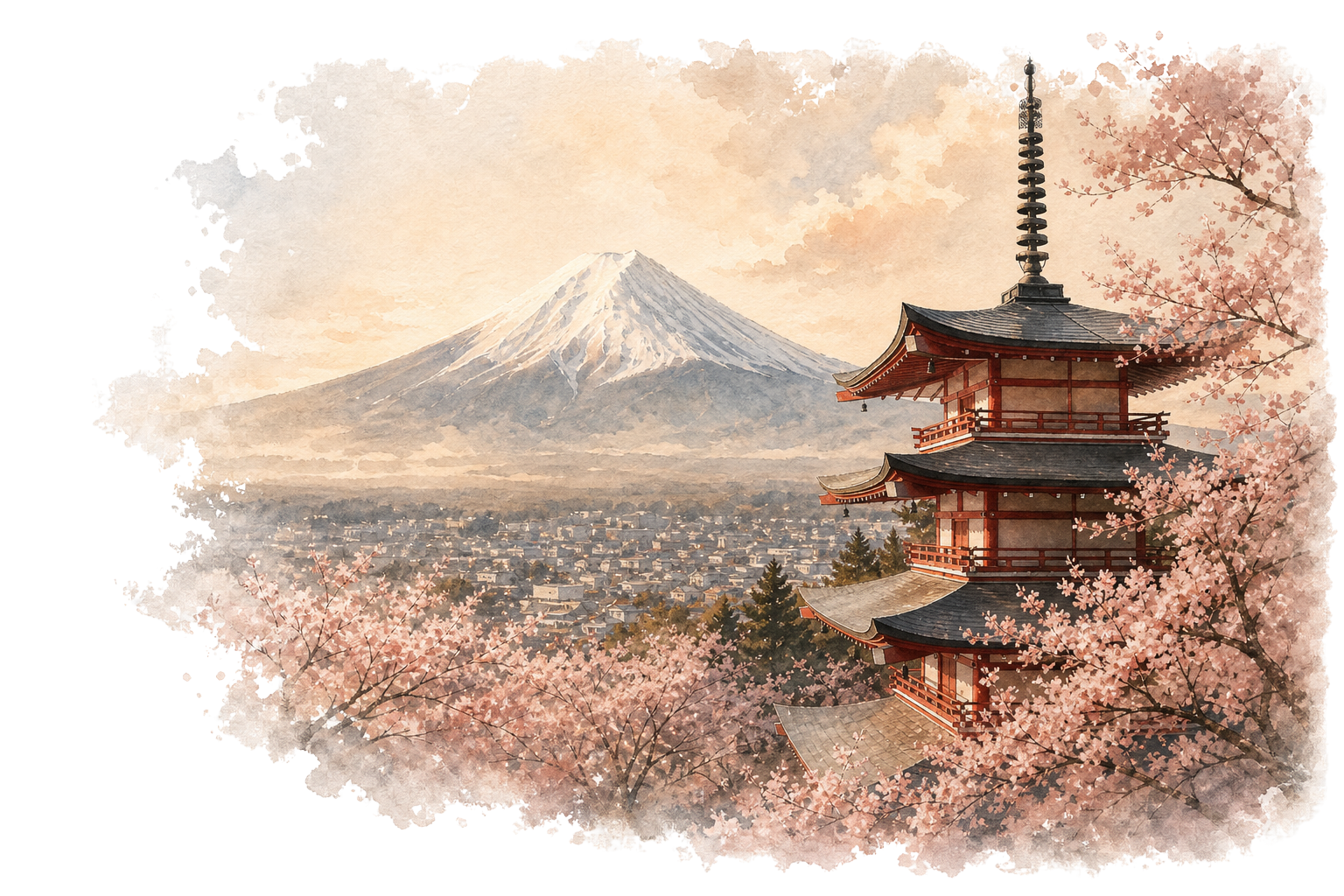 Lukisan cat air Gunung Fuji dan Pagoda Chureito di atas kertas washi, berhias guguran bunga sakura
