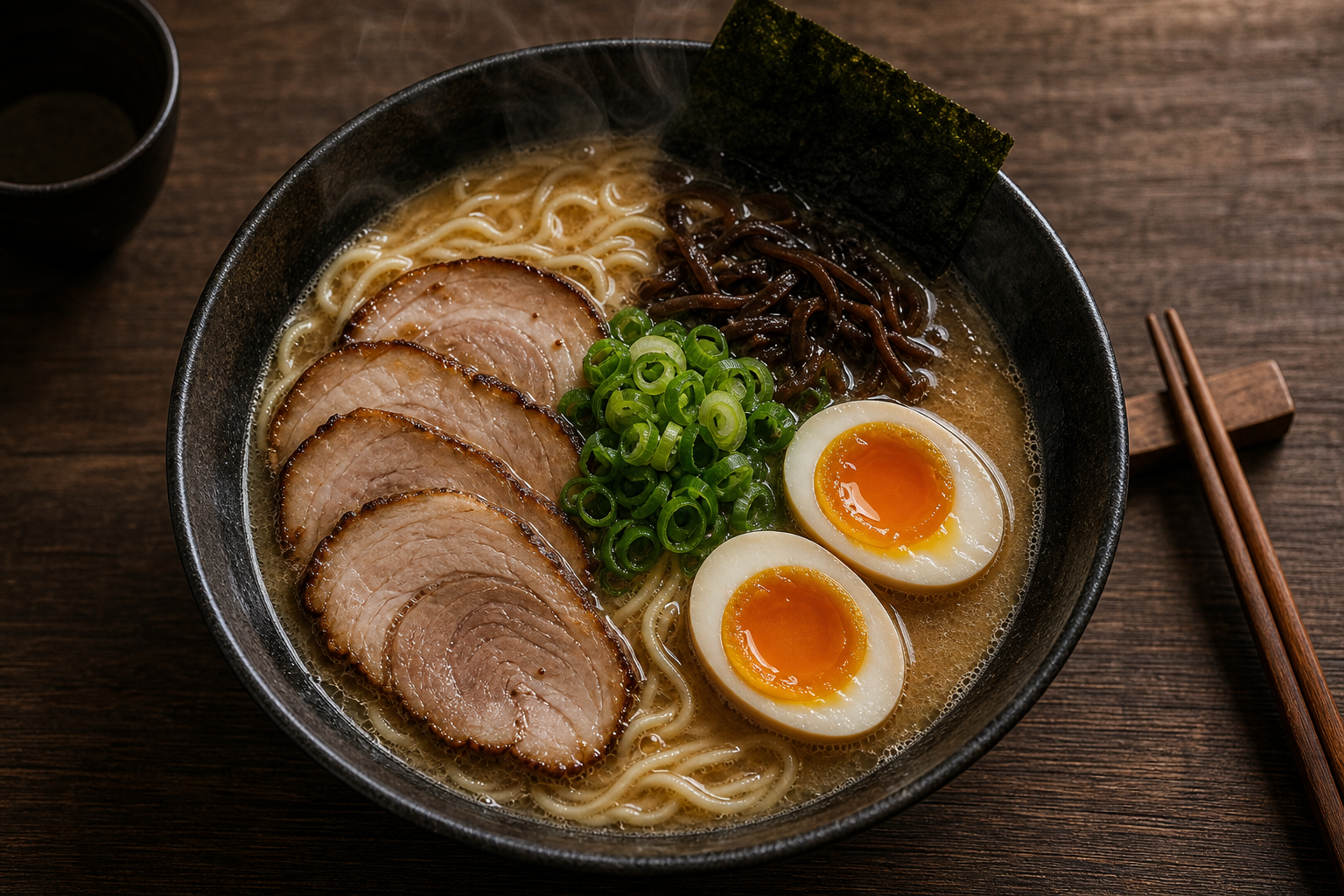 Semangkuk ramen hangat dengan irisan daging, telur rebus setengah matang, dan nori di atas meja kayu hangat